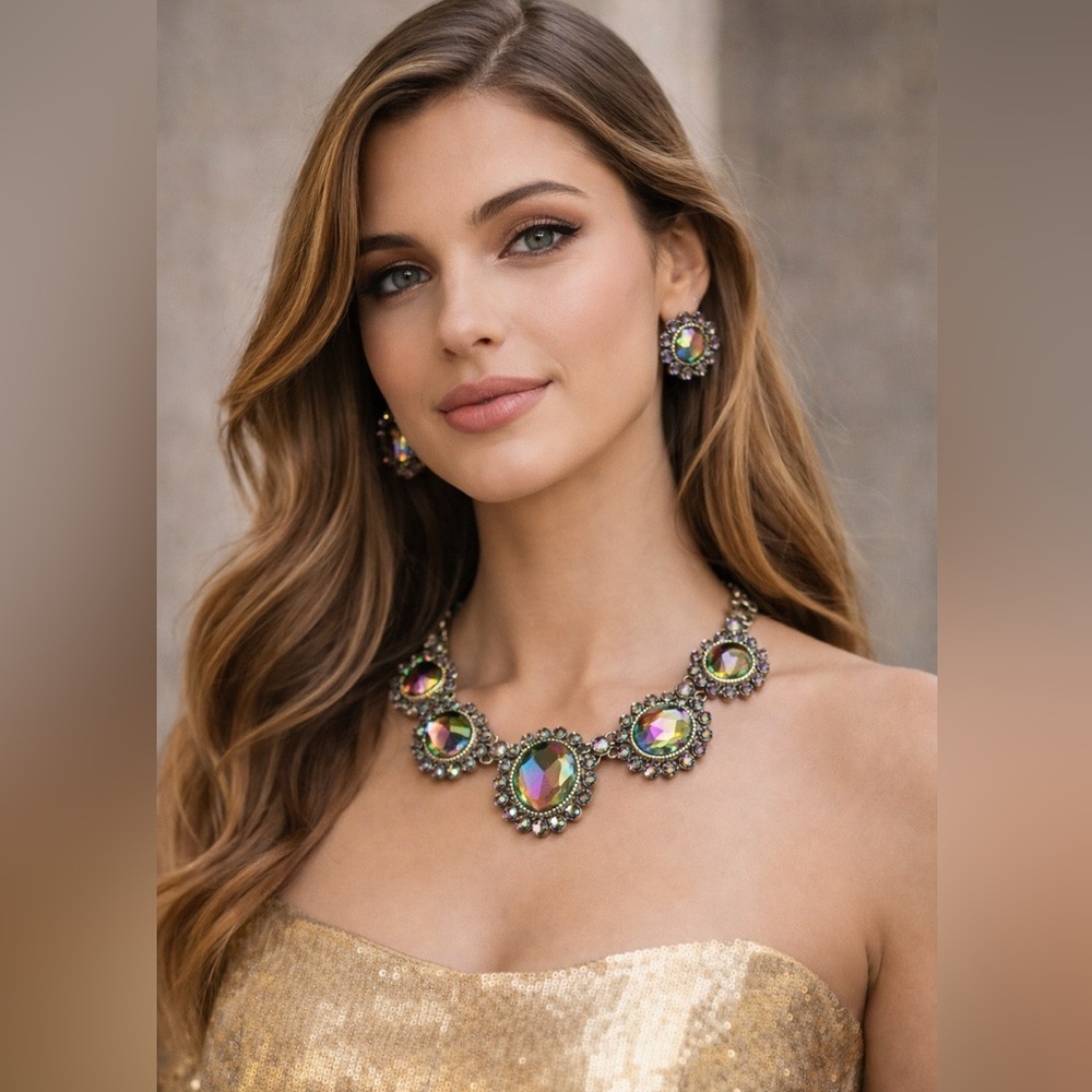 Gold Iridescent Necklace with Vintage-Style Design